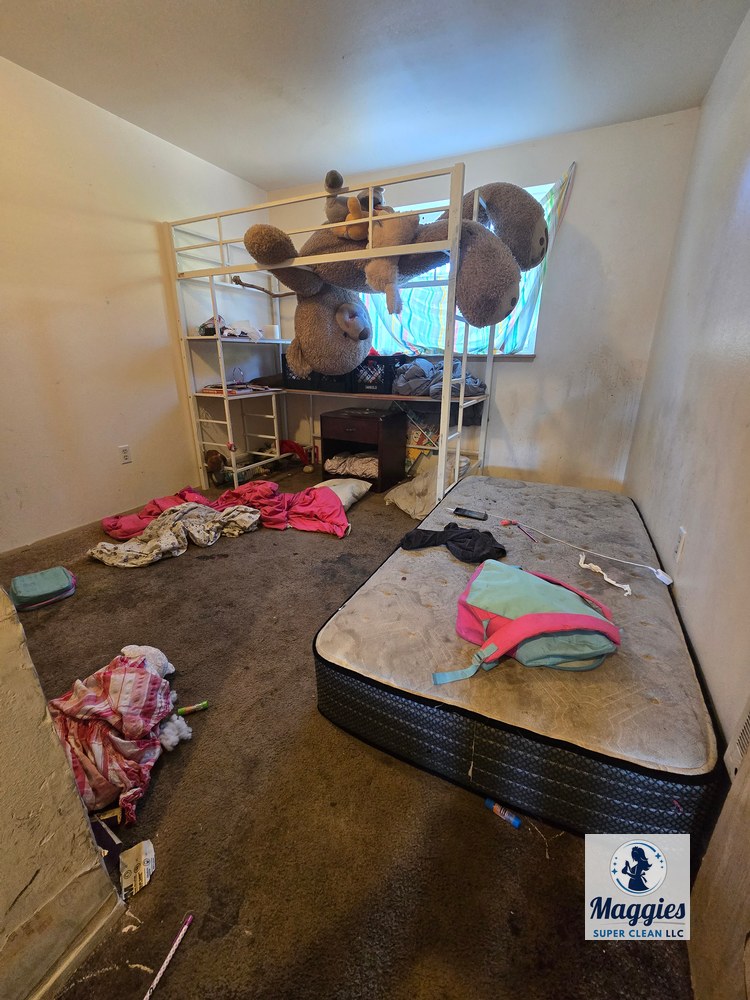 Before: A bedroom with mattresses, clothing, bedding, toys, and other household items requiring extensive cleanup and organization.
