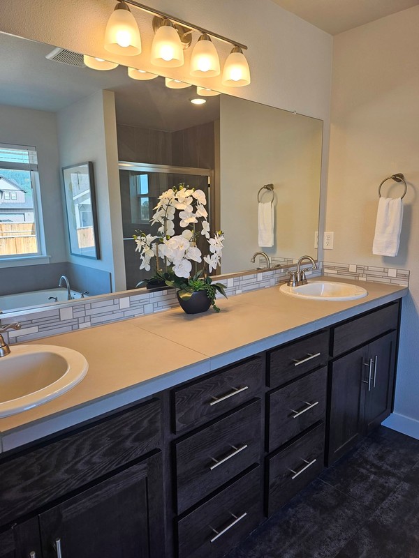The bathroom vanity area is neatly arranged, with clean-looking countertops, sinks, mirror, fixtures, and cabinet fronts contributing to a well-maintained finish.